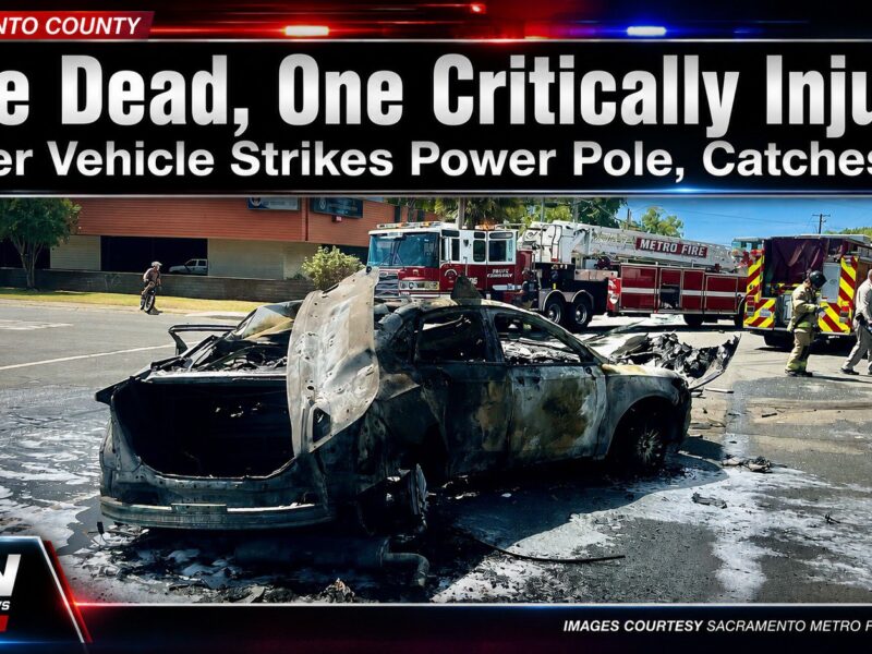 One Dead, One Critically Injured After Vehicle Strikes Power Pole, Catches Fire in Sacramento County cover
